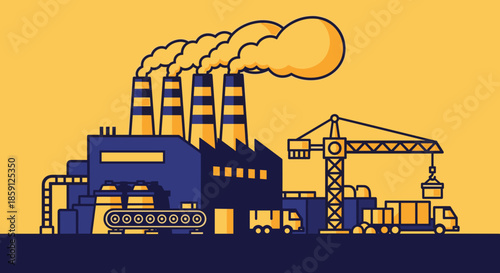 Manufacturing plant with smoking chimneys conveyor belt crane and delivery trucks Industry illustration