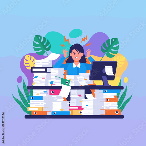 Stressed businesswoman buried under massive paperwork angry about deadlines and overwhelming workload