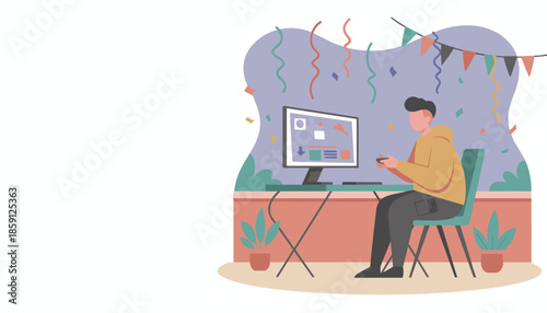 Gamer celebrating victory in an eSports tournament playing on a desktop computer