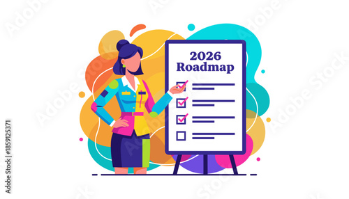 A business woman presents the 2026 Roadmap outlining strategy goals and future business success