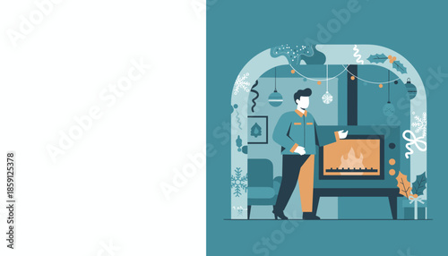 Cozy winter evening Man stands by a modern fireplace decorated for Christmas holidays