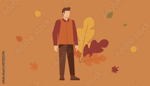 Stylish man enjoying fall weather with colorful oak leaves Seasonal vector illustration background