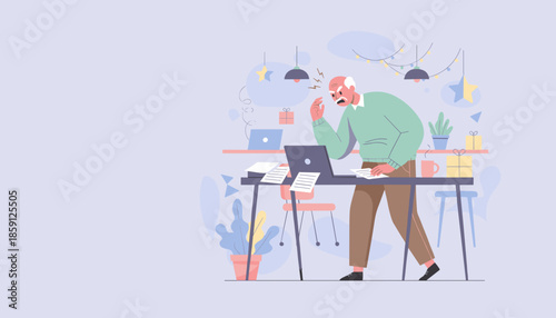 Senior man frustrated with technology or paperwork deadlines in a decorated office setting