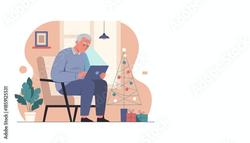 Senior man using a laptop near a modern Christmas tree connecting digitally during the holidays