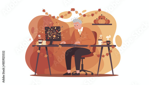 Stressed elderly man facing computer issues or complex work in autumn home office