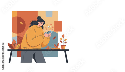 Woman scrolling phone surrounded by social media icons Online communication and digital connection concept