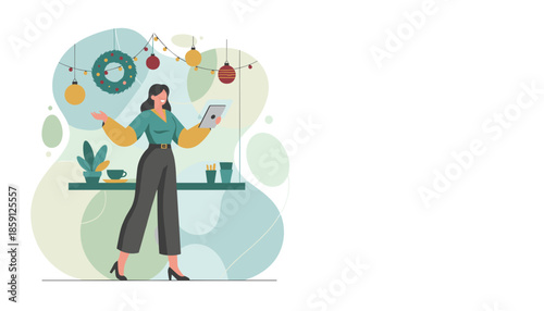 Stylish woman uses tablet in a modern office celebrating the winter holiday season