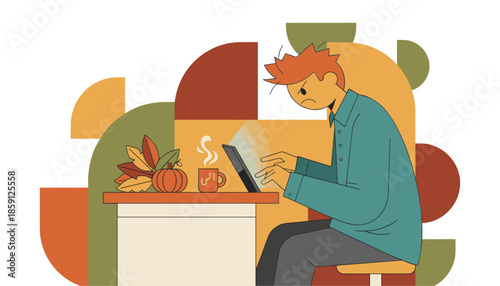 Frustrated person working digitally at desk with autumn decor Remote work pressure concept