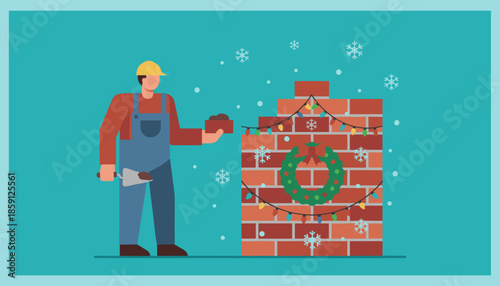 Construction worker builds a Christmas chimney symbolizing winter home maintenance and seasonal repair service