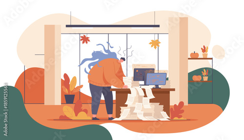 Overwhelmed office worker dealing with excessive paperwork and yearend deadlines