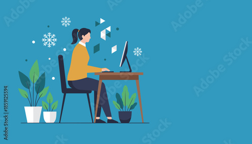 Remote worker using a computer at a desk with plants and snowflakes Winter business illustration