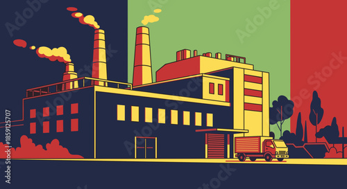 Bold graphic illustration of an industrial factory and smokestacks with a delivery truck Industry production logistics concept