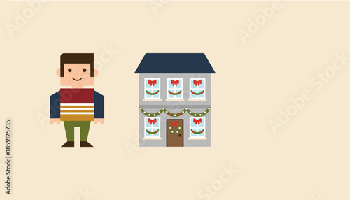 Cheerful man standing beside a festive house decorated for Christmas Simple flat design holiday vector illustration