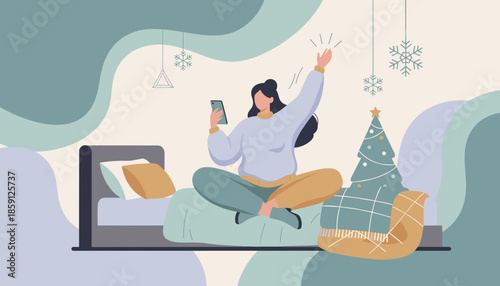 Happy woman in a cozy room uses her smartphone celebrating the winter holidays at home Lifestyle illustration