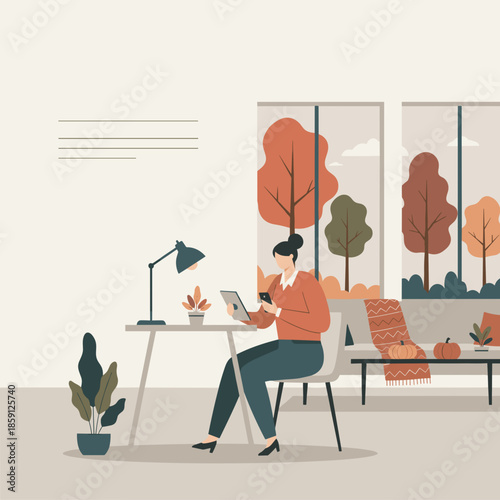 Professional woman uses devices while working from a cozy home office with autumn view