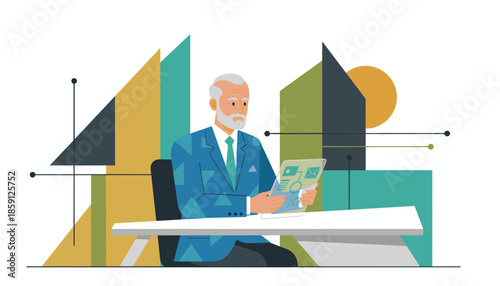 Executive senior man using a futuristic transparent tablet for business analysis and innovation