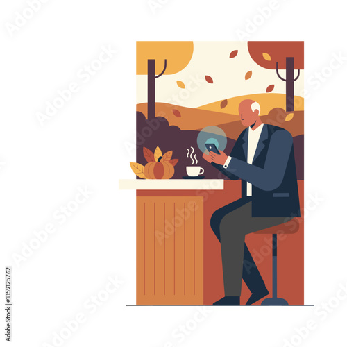 Senior man using smartphone at a cafe bar during autumn enjoying coffee and technology