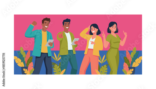 Diverse successful business team celebrating achievement with technology Happy professional vector