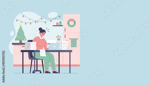 Stressed woman working late on a laptop surrounded by piles of paperwork during the busy Christmas season