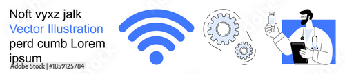 Wireless technology, internet connectivity, innovation, health services, diagnostics, digital communication. wireless symbol, gears and a doctor with a test tube. Internet connectivity and health