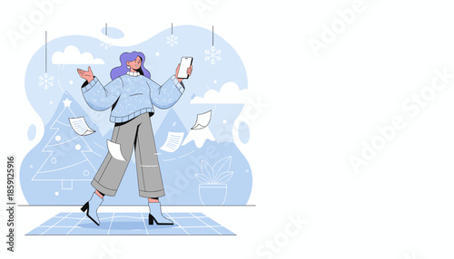 Happy woman uses a smartphone in a festive winter scene shedding documents symbolizing holiday freedom and stress relief