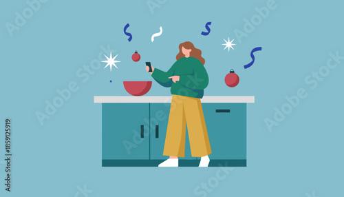 Festive illustration of woman planning Christmas celebration using smartphone in the kitchen