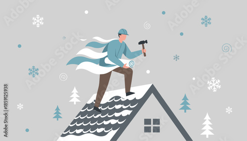 Construction worker repairing a house roof in a severe winter storm symbolizing essential home maintenance