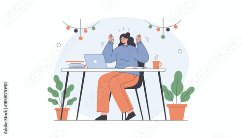 Overwhelmed woman experiencing burnout and stress while working remotely at her desk