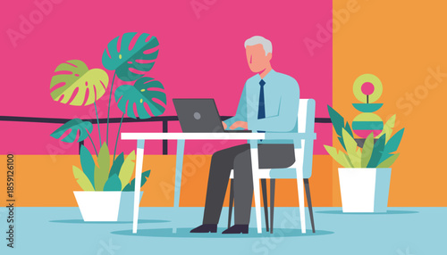 Flat design illustration of an older man working on a laptop in a trendy office setting