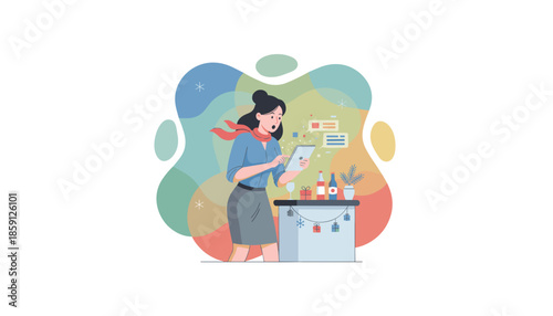 Woman using tablet at a decorated party table planning or receiving exciting news online