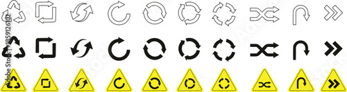 Recycling arrows and circular direction icons set in flat vector style. Ideal for sustainability, workflow, refresh, and process concepts. Clean symbols perfect for infographics, apps, and web design.
