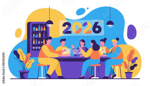 Futuristic group meeting in a bar discussing 2026 plans using holographic data screens