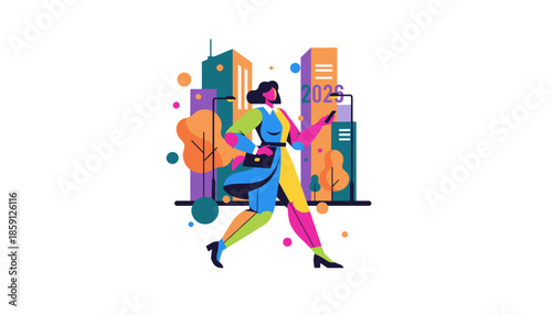 Vibrant illustration of a focused businesswoman walking in the city toward 2026 goals
