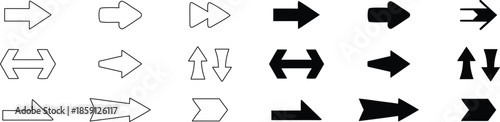 Directional arrow icon set with multiple styles and weights. Clean navigation symbols show movement flow and orientation. Perfect for UI UX signage infographics and interface design projects.
