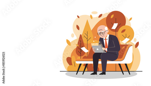 Senior executive struggles with digital work overload on a park bench in autumn