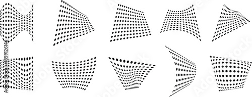 Abstract halftone dot wave shapes form a dynamic geometric pattern set. Distorted dotted grids create modern motion and depth. Ideal for backgrounds posters tech design and digital graphics.