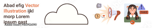 Cloud computing, misinformation, fake news detection, media security, online content, data analysis. Cloud symbol with icons of fake news, magnifier warning and digital media. Misinformation