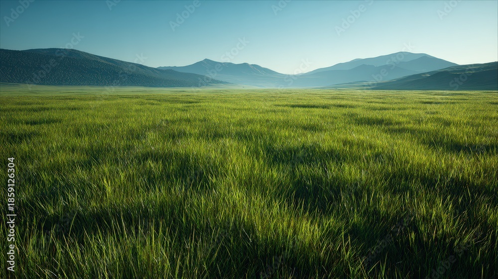 Fototapeta premium Vast emerald green grassland with distant mountains under morning sunlight