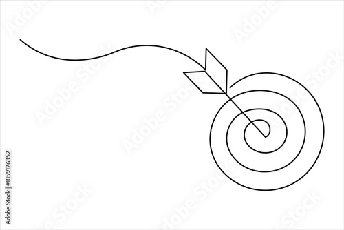 Continuous line art drawing of archery target with arrow, one line art design vector illustration