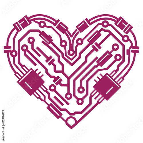 Abstract heartshaped digital circuit board design with interconnected pathways and components