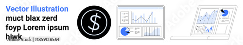 Dollar symbol, bar and line charts, pie chart, and a laptop screen showcasing analytical data. Ideal for finance, analytics, data management, business strategy, startups marketing simple landing