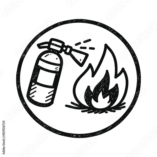 Fire extinguisher putting out fire icon sketch
