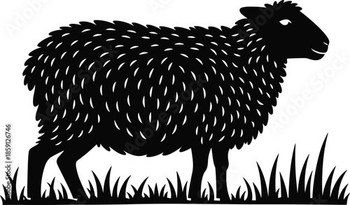 Sheep silhouette standing on grass, woolly farm animal side view, livestock and rural agriculture concept, black vector illustration isolated on white background
