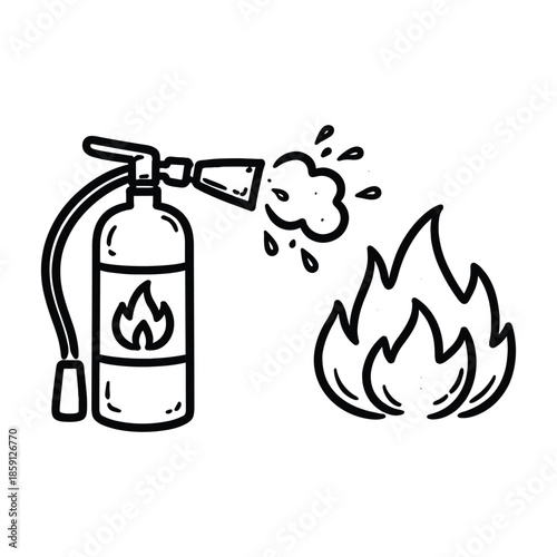 Fire extinguisher putting out fire flat vector illustration