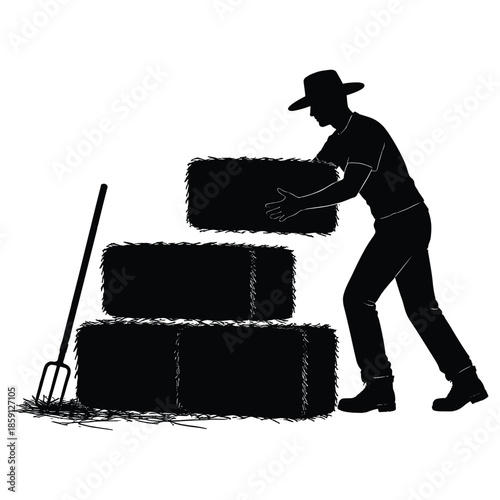 Farmer stacking hay bales silhouette vector