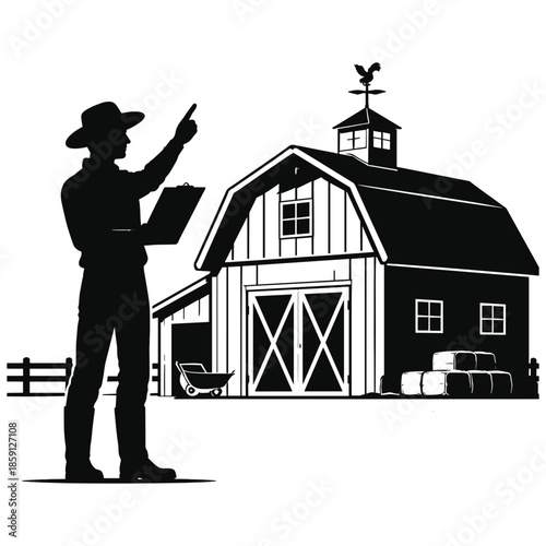 Farmer inspecting barn silhouette vector illustration