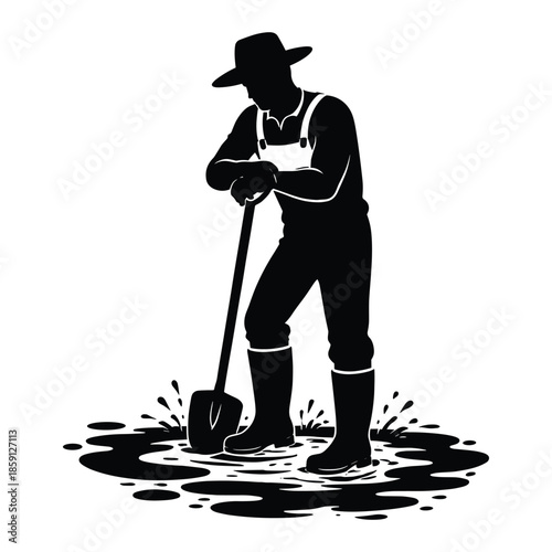 Farmer digging in mud silhouette vector illustration