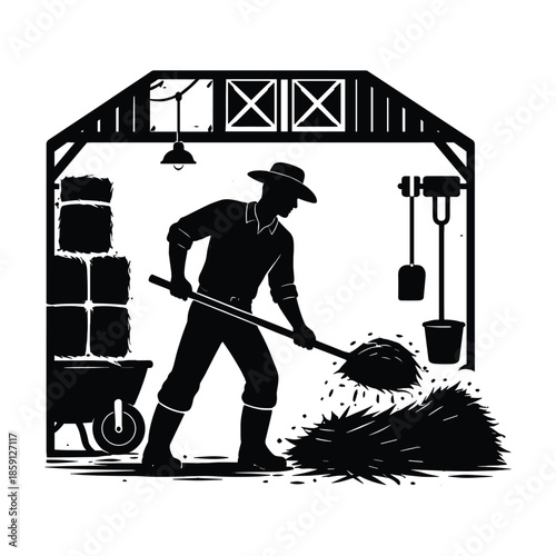 Farmer Shoveling Hay in Barn Silhouette