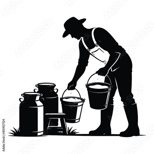 Farmer carrying milk buckets in silhouette style