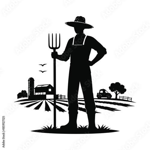 Farmer standing with pitchfork black silhouette